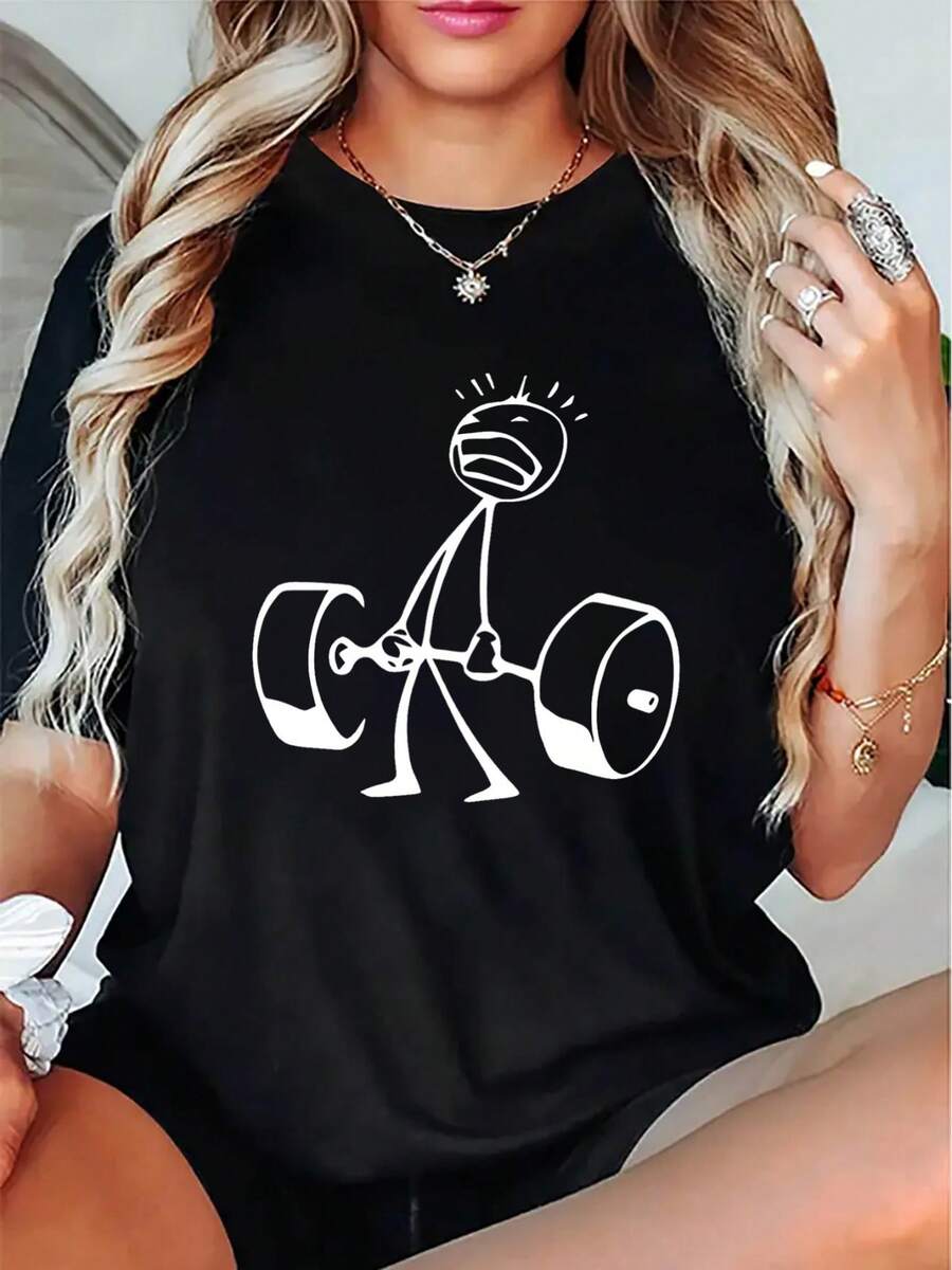 Funny Stick Figure Deadlift Graphic Cotton Tee Women Gym Workout Crew Neck Short Sleeve Loose Fit Black Humorous Fitness Casual Daily Top - 黑色 - 查看 1