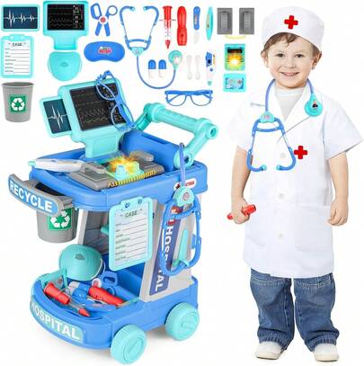 Multi-Purpose Doctors Trolley Set For Kids Medical Centr Playsets Medical Tools Role Play Toy Educational Doctor Playset (Include Doctor Costume)