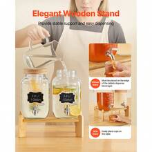 Beverage Dispenser, 2 Pack 1 Gallon Drink Dispensers For Parties, Glass Juice Dispenser With Wood Stand, Stainless Steel Spigot, Infuser, Iced Tea Lemonade Juice Water Dispensers For Parties - Ly 2x 1 Gal - Xem 5