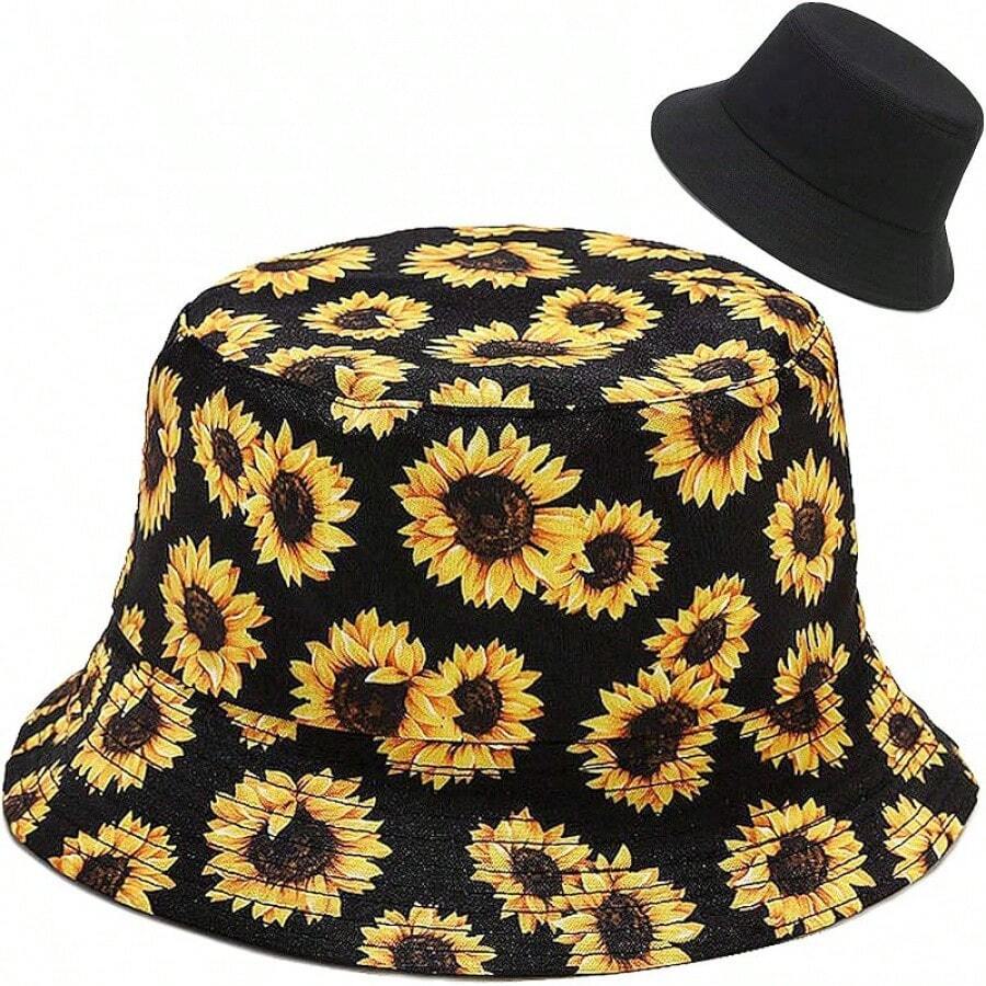 Unisex Reversible Bucket Hat For Beach And Fishing - 向日葵黑色 - 查看 1