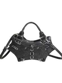 Gothic Bat Wing Handbag Y2K Rock Punk Style Rivet Decoration Solid Color Crocodile Pattern Adjustable Shoulder Strap Shoulder Crossbody Bag Suitable For Cosplay Party Halloween Music Festival Street Shooting.