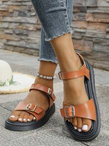 Sandali con suola spessa di colore unito, nuovi sandali estivi stile europeo americano con cinturini, punta aperta e stile romano, taglie comode