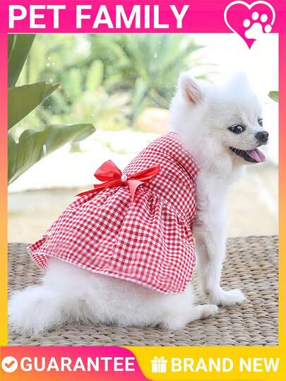 经典红色格子宠物连衣裙 - 永恒的格子小狗服装，配有永久连接的天鹅绒蝴蝶结，舒适的冬季狗连衣裙，节日深红色格子图案，不可拆卸的安全蝴蝶结设计，适合小型犬（XS-XXL）