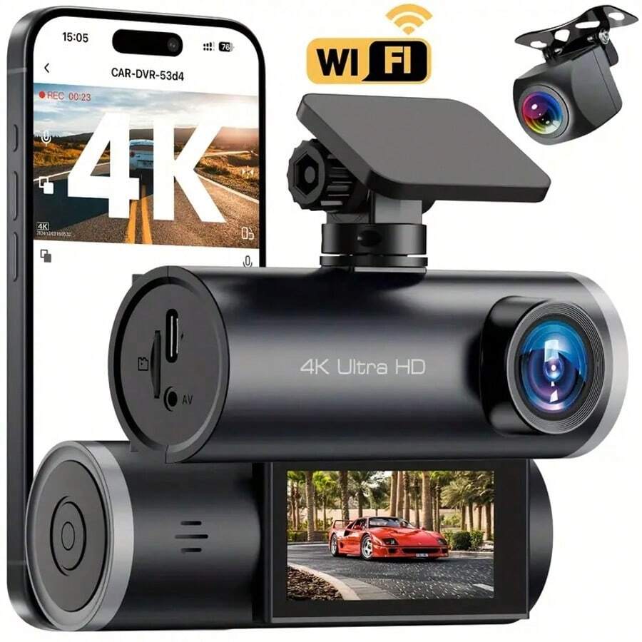 Cámara de salpicadero con doble lente, 4K frontal + 1080P trasera, pantalla IPS de 2.5", mini cámara de coche con aplicación, WiFi incorporado y sensor G, ángulo de visión de 170°, monitor de estacionamiento las 24 horas, visión nocturna, WDR, grabación en bucle, compatible con tarjeta de hasta 256GB - A - Ver 1