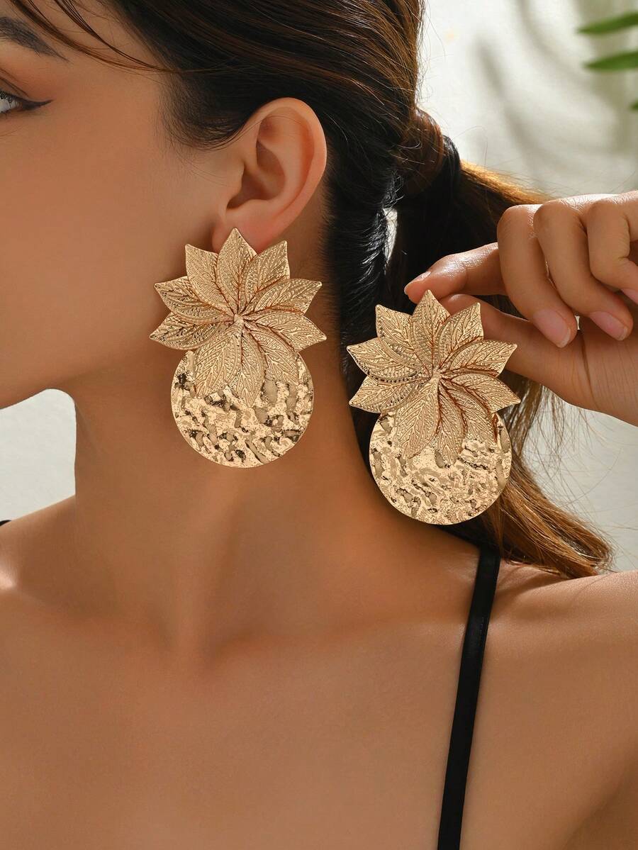 1 Pair New Creative Versatile Summer Flower & Geometric Circle Patchwork Elegant Fashion Statement Dangle Earrings - Yellow Gold - View 1