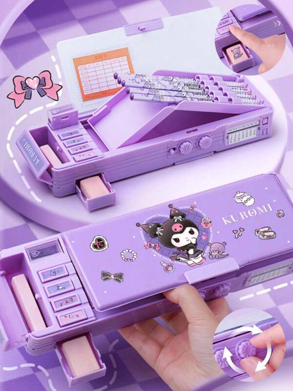 Sanrio Sanrio gelicentieerde Kuromi multifunctionele schrijfwarendoos met dubbele wachtwoordbeveiliging voor jongens en meisjes, inclusief potlood, gum, liniaal, opbergruimte voor kantoorbenodigdheden, schoolbenodigdheden, verjaardagscadeau/cadeau voor de start van het nieuwe schooljaar voor kinderen.