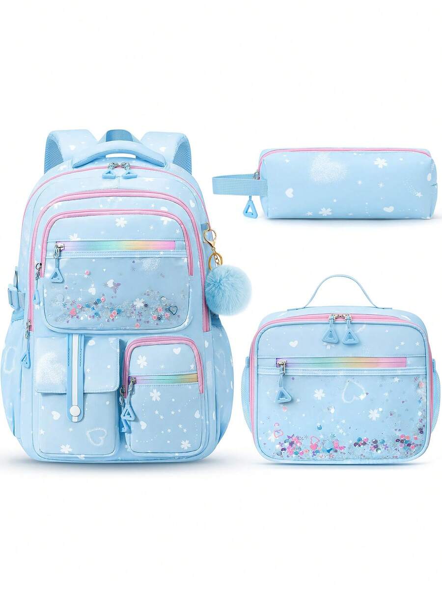 3pc Backpack For Girls, Waterproof Kids Backpack With Lunch Box & Pencil Case Set, Bookbag School Bag, School Supplies For Kids Kindergarten Middle High School Students, Back To School Gift For Daughter Granddaughter Niece Sister Friend - 藍色 - 查看 1
