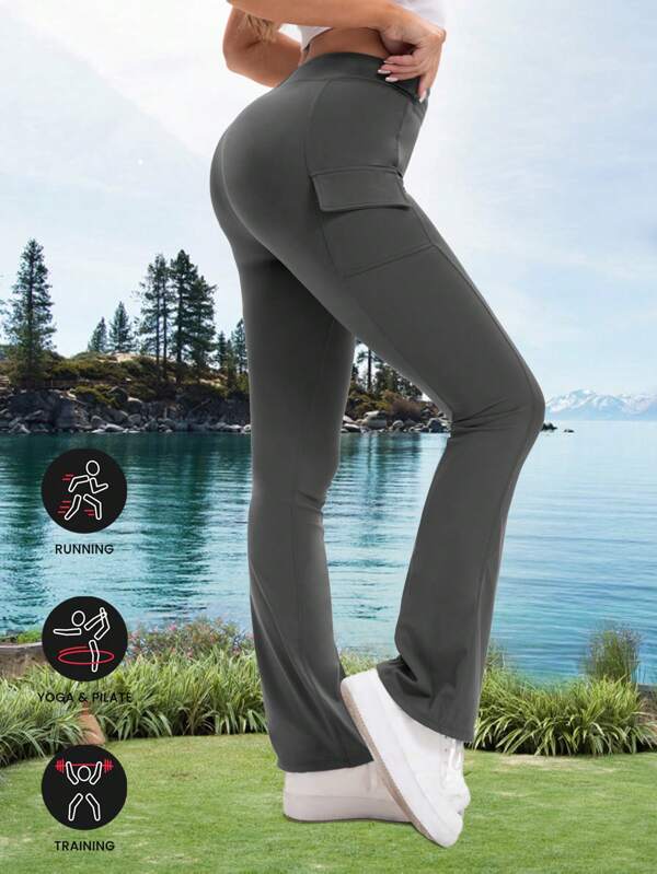 Women's High-Waisted Solid Color Bell-Bottom Pants With Pockets, No Perspective Tummy-Control Sportswear, Quick-Drying And Breathable Sports Leggings , Making It Suitable For Yoga And Other Outdoor Activities,Athletic Leisurewear | High Waisted Trousers | High Elasticity