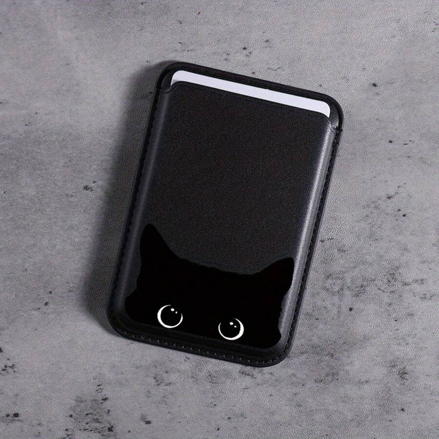 Magnetic PU Leather Card Bag Personality Pattern Cartoon Text Cute Mini Wallet For Magnetic Artificial Leather Wallet Phone Case For Iphone 16 Pro Max, 15/14 PLUS, 13/12/11 Pro Galaxy S25 Edge S24FE S23Plus S22 ULTRA+ - Black - Black Cat - View 1