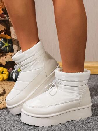 Botas de nieve con suela elástica gruesa para mujer, forradas de faux piel térmica, impermeables de PU, estilo casual tobillero, diseño sólido tipo colegial con cordón, aptas para el invierno