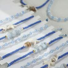 12 Peças/Conjunto Estilo Boho Pulseira Ajustável Conjunto de Conchas com Contas Azul Oceano e Pedras Naturais para Mulheres, Férias e Festa