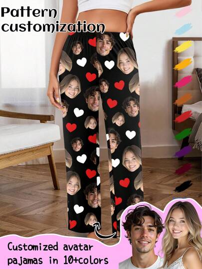 Pantalones personalizados y cómodos para mujer con estampado de rostro de pareja, diseño festivo, perro, colorido, lindo, adorable, sobrio, divertido, personalizado, único, ideal como regalo para él, ideal como regalo para ella, novio, novia, familia, amigos, abuelos, ella, luce glamoroso