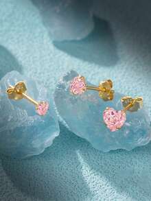 3只装925纯银粉色心形耳环，女士耳环，18K镀金，适合派对、情人节等场合，精致首饰 - 金色 - 查看 7