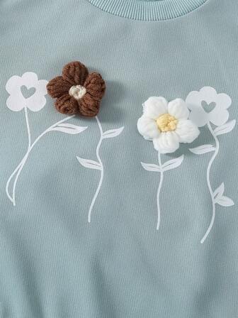 2件套女婴休闲花卉印花露肩长袖上衣和喇叭裤套装，适合秋冬季