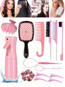 14 piezas Juego de cepillos para el cabello, (6.8 Oz/200ml) Botella de spray de niebla fina continua, Adecuado para adultos y niñas Cepillo desenredante con diseño de unicornio, Cepillo para esponjar, Uso de estilista de salón, Juego de herramientas para el cabello, Artículos escolares