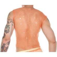 Men's Rave Outfit Sheer Rhinestone Top Sleeveless Tanks Crop Top Fishnet Vest Music Festival Shirthalloween - Orange-top - View 4