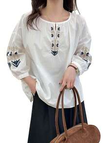 Cotton Linen Tops For Women Loose Geometric Embroidered Tunic Shirt V Neck Half Lantern Sleeve Plus Size Blouses - 白色 - 查看 6