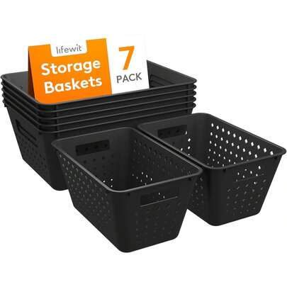 Cestas Almacenaje Plastico, Paquetes Apilable Cajas Organizadoras, Caja deúltiples Dimensiones para Estanterias/Cocina/Armarios/Baño/Oficina, 5 Grandes y 2 Tamaños Pequeños, Negro