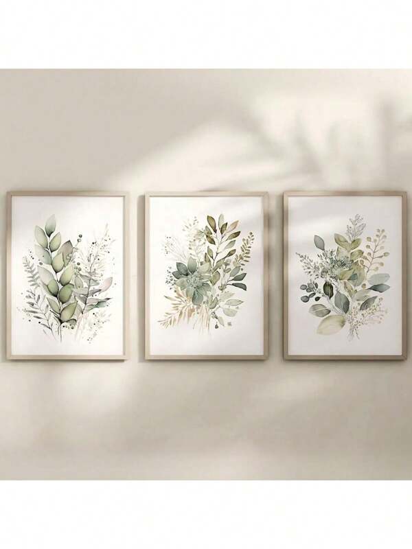 3pcs Set Of Vibrant Watercolor Botanical Canvas Prints - Frameless, Sage Green & Beige Floral Wall Art For Modern Home Decor, Perfect For Living Room, Party Decoration, Mother's Day Gift