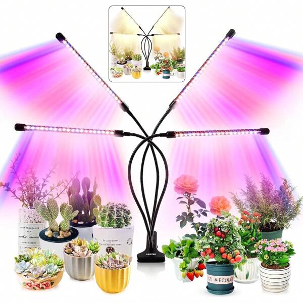 Luz de crescimento de plantas internas de espectro completo, luzes de cultivo LED com temporizador de 3/9/12 horas, pescoço de ganso de 2/4 cabeças, ajustável em 360°, 3 modos de comutação, regulável de 20% a 100%, adequada para cultivo interno de plantas verdes, floração e germinação de sementes