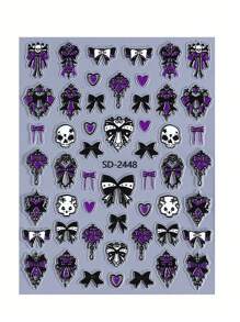 Pegatinas para uñas de Calavera de Moño 5D, 2 piezas, diseño de Corazón de Moño y Calavera, en colores púrpura, negro y blanco, decoración de uñas autoadhesiva, estilo Y2K japonés y coreano, para otoño e invierno, suministros de arte de uñas