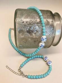 2pcs Fashion Turquoise Blue And White Cizhu Necklace And Bracelet Unique Design Women's Jewelry Set Suitable For Decorative Wearing And Holiday Gifts