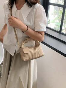 时尚简约褶皱编织 PU 拉链手提包，迷你便携式斜挎包，适合女性购物、约会、派对、送礼 - 卡其色 - 查看 6