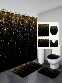 4pcs Black Sequin Shower Curtain Set, Elegant Camo Decor Modern Home, Waterproof Curtain And Bathroom Mat 3pcs Set, 12pcs Shower Curtain Hooks Included Bathroom Accessories Back To School