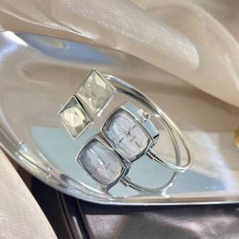 1 件女士方形闪亮钻石薄手镯手表，优雅时尚简约高端品牌石英手表