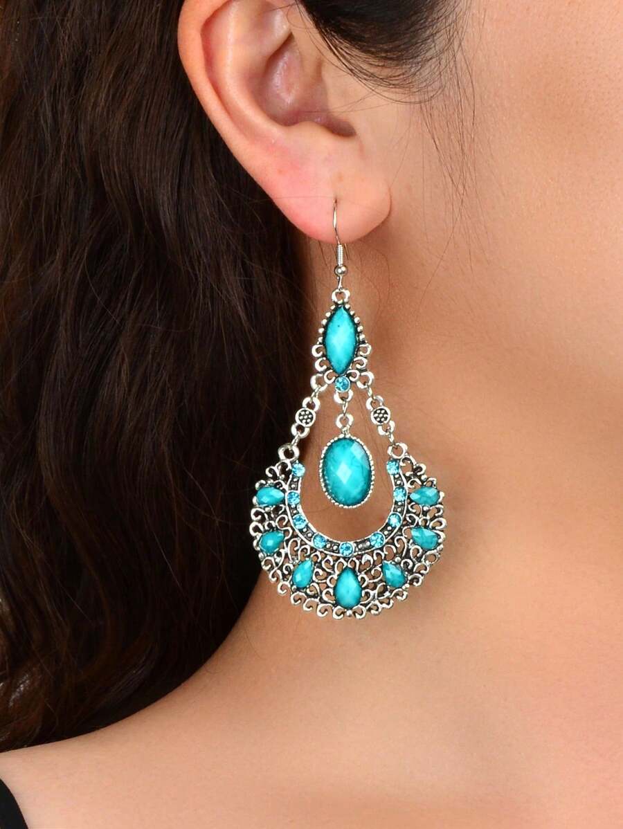 2pcs Vintage Glass Rhinestone Pendant Earrings For Women