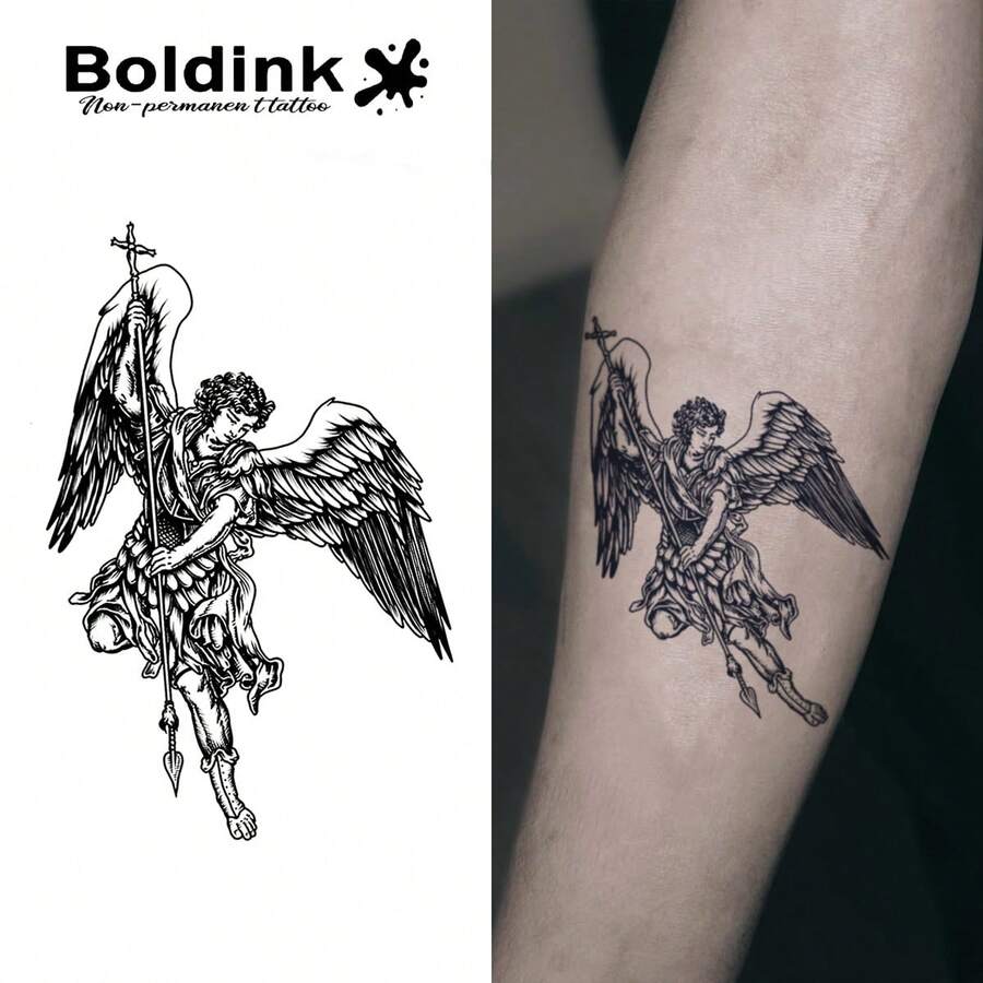 [Dark Angel] Boldink Non-Permanent Tattoo | Sacred Sword + Cross Totem | Gothic Style Embossed Texture - Black - View 1