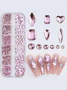 12 格各种 3D 平底美甲水钻和宝石玻璃 AB 水晶珠宝工具套件、DIY 工艺品、脸部、服装、美甲装饰指甲饰品美甲用品指甲 - 粉色 - 查看 4