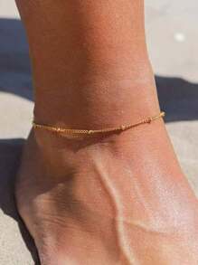 1pc Stainless Steel Beaded Classic Round Chain Anklet, Fashionable Non-Fading Versatile Summer Foot Jewelry, Random Bead Size