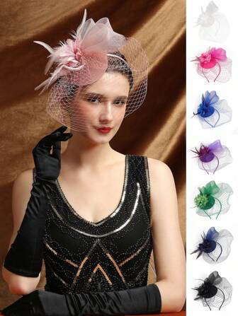 1 pièce Bandeau de tête à maille de coiffe de plume, coiffe de fleur de thé, chapeaux de deuil pour femme, voile de mariée pour mariage, accessoire de cheveux