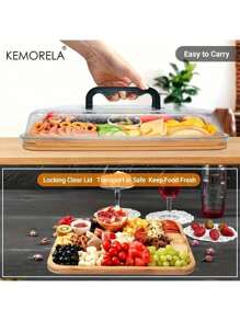 KEMORELA KEMORELA Platou portabil pentru mezeluri din bambus cu capac și mâner – Set complet de platouri pentru brânzeturi cu 4 ustensile din oțel inoxidabil – Design potrivit pentru călătorii, picnicuri, petreceri și cadouri – Tavă elegantă de servire neagră – Perfectă pentru nunți și petreceri de casă nouă
