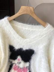 JIANHU Spring New Korean Style Loose Cat Pattern Sweater Dress, Soft And Cozy Long Sleeve Knitted Dress, Fashionable Versatile Cute Furry Women's Clothing - White - View 4