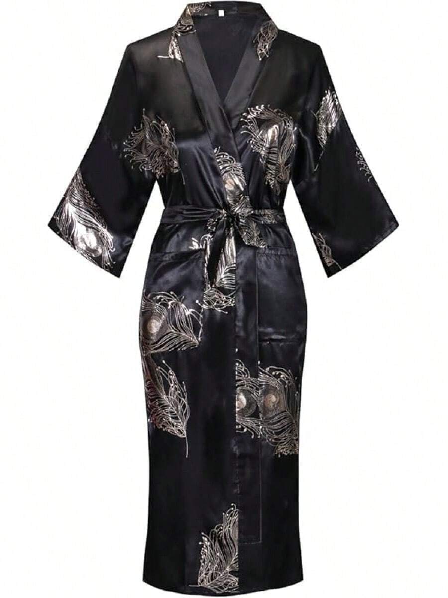 DandyChic Women's Long Floral Satin Robes Imitation Silk Sleepwear Bridal Dressing Gown For Bridesmaid Nightgownhalloween - 金花 - 查看 1