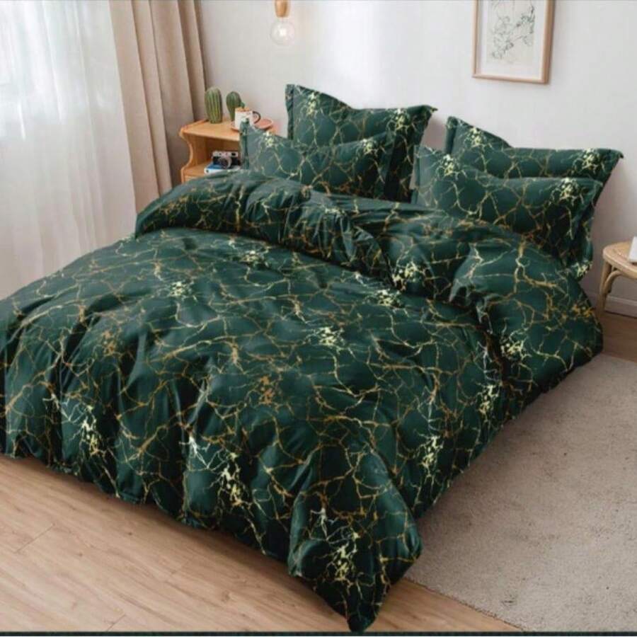 4-Piece Marble Bedding Set: Includes Duvet Cover & More - Green with gold marble design - View 1