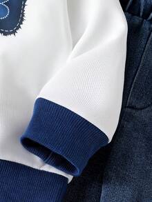 2 件套女婴时尚服装，蝴蝶结印花圆领长袖拼布运动衫套头衫和松紧腰直筒牛仔裤套装，秋季/春季 - 白色 - 查看 5