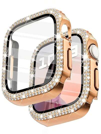 1 件玫瑰金水钻钢化玻璃保护壳，防刮、防水、防滑|适用于系列 SE/10/9/8/7/6/5/4/3/2/1|兼容 表壳 45 毫米 41 毫米 44 毫米 40 毫米 44 毫米钢化玻璃保险杠屏幕保护膜手表系列 9 7 SE 6 8 5