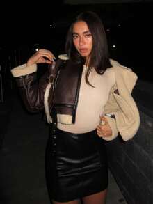 HH Mode eleganter Damen Dicker Warmer Reißverschluss Mantel Weiblich Kunstleder Lammwolle Patchwork Lässig Jacke