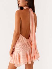Women Pleated Halter Mini Dress Sleeveless Off The Shoulder Open Back Layered Ruffle Hem Bodycon Short Dress Summer Backless Ruced Tiered A-Line Going Out Dresses Party Club Beach Cute Dress - 橘色 - 查看 5