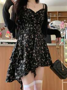 2025年可爱碎花休闲波西米亚系带金属孔眼夏季迷你连衣裙，适合女士舞台表演、音乐会、约会之夜