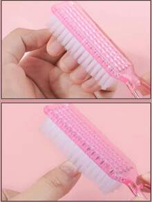2 piezas de cepillo de uñas transparente de mango largo, multifuncional, con cerdas suaves y cabeza cuadrada para manicura y eliminación de polvo, color transparente y rosa - Rosa - Ver 4