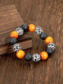 Pulseira de contas de madeira laranja de Halloween, 1 peça, presente para casal, presente para mulher, presente para amiga, presente para melhor amiga, com elasticidade
