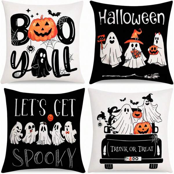 4pcs/Set Halloween Pillowcase 18"X18", Creepy Rustic Haunted House Ghost Pumpkin Decor, Halloween Spooky Orange Black White Decorative Cushion Cover For Home Indoor Outdoor, Single-Sided Print Without Pillow Inner