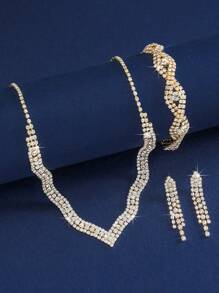 1 pièce Ensemble de bijoux de mariée tout en diamant à la mode, comprenant colliers, boucles d'oreilles et bracelets, convient pour le port quotidien des femmes, les mariages, les fêtes, etc.