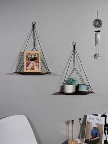 1个三角形悬挂式壁挂置物架，现代悬浮式储物架套装，适用于客厅、卧室、浴室，波西米亚风格壁挂式展示收纳架，可用于摆放植物、照片和装饰品 - 黑色 - 查看 7