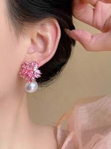topshiny 1 对优雅奢华水钻雪花仿珍珠耳环，夸张法式新娘耳环，适合女士，适合派对和日常佩戴 - 粉色 - 查看 5