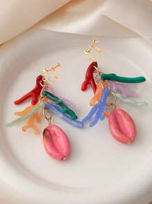 2pcs Beach Style Dopamine Effect Shell Earrings, Long Hanging Dangle Statement Earrings For Women